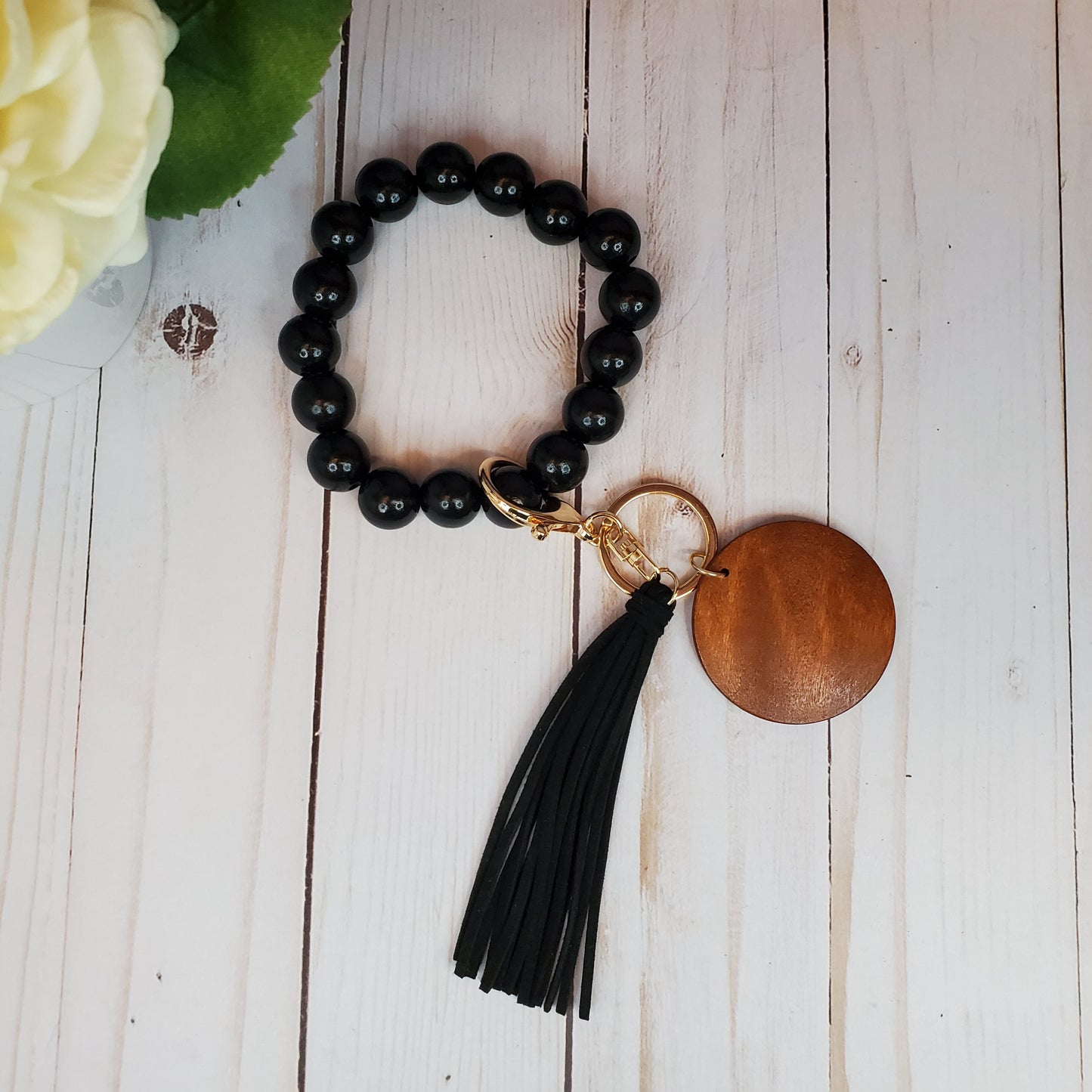 Pure Color wood bead keychain bracelets with 2" wood disc and tassel