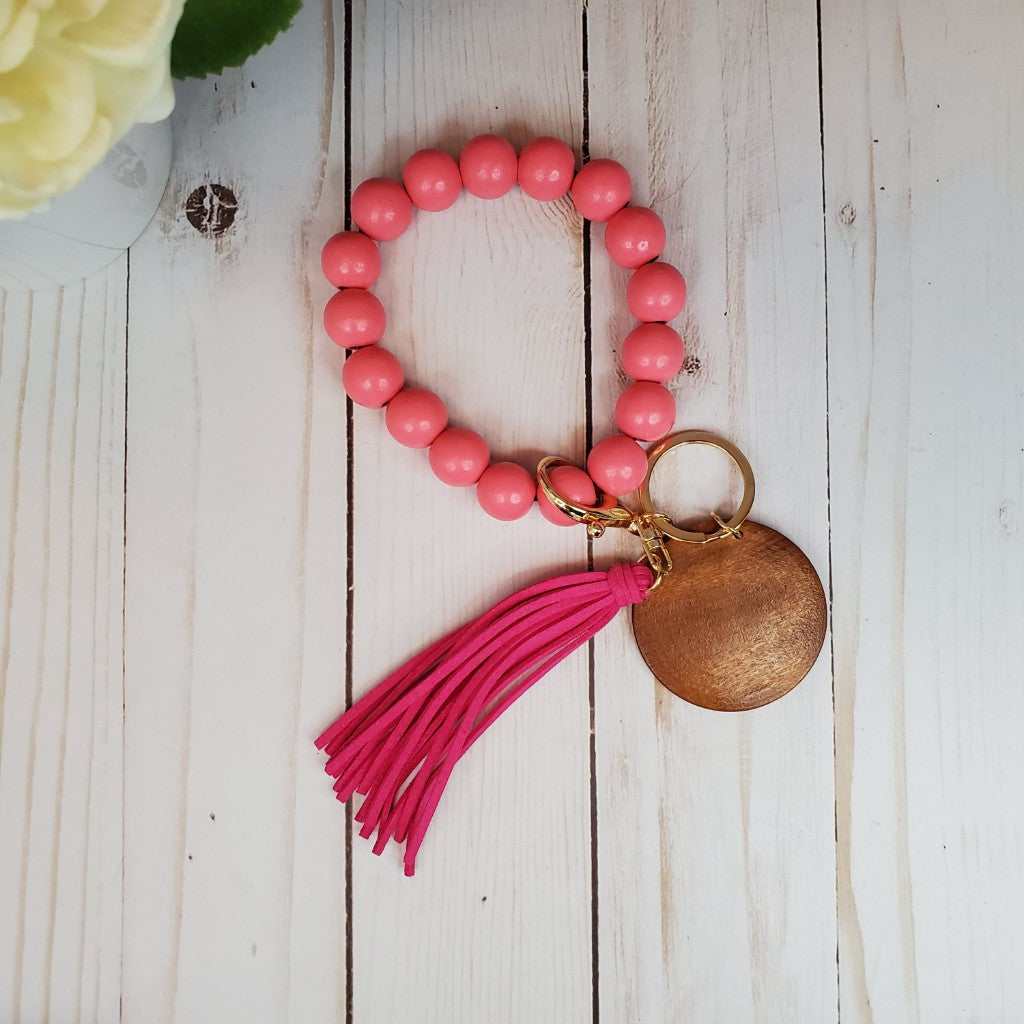Pure Color wood bead keychain bracelets with 2" wood disc and tassel