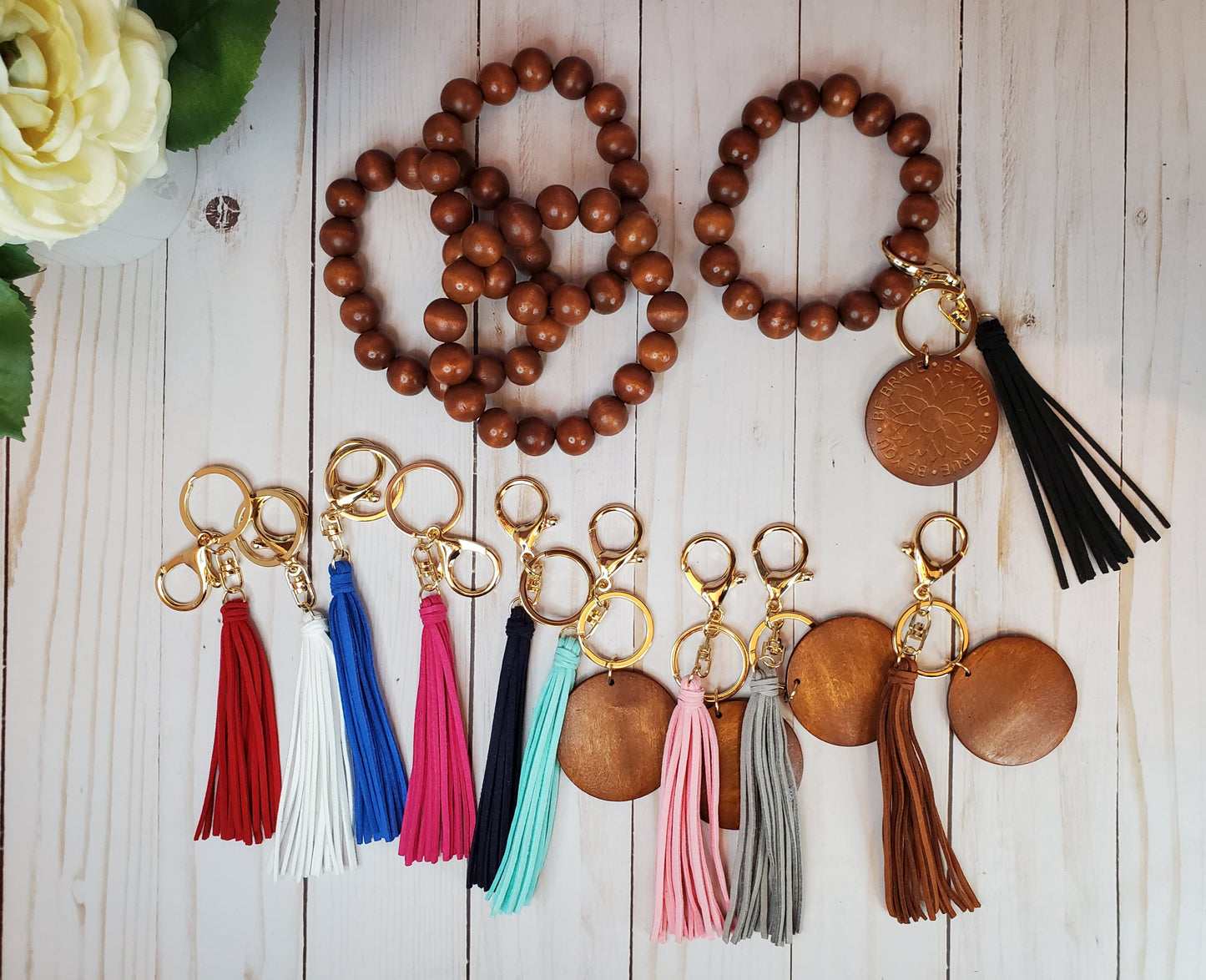 BYO wristlet, build your own keychain bracelet, wood disc with tassel, silicone or wood bead keychain bracelets, laser blanks, laser engraving blank