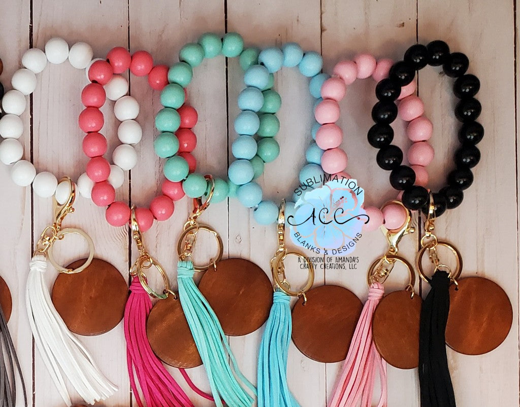 Pure Color wood bead keychain bracelets with 2" wood disc and tassel