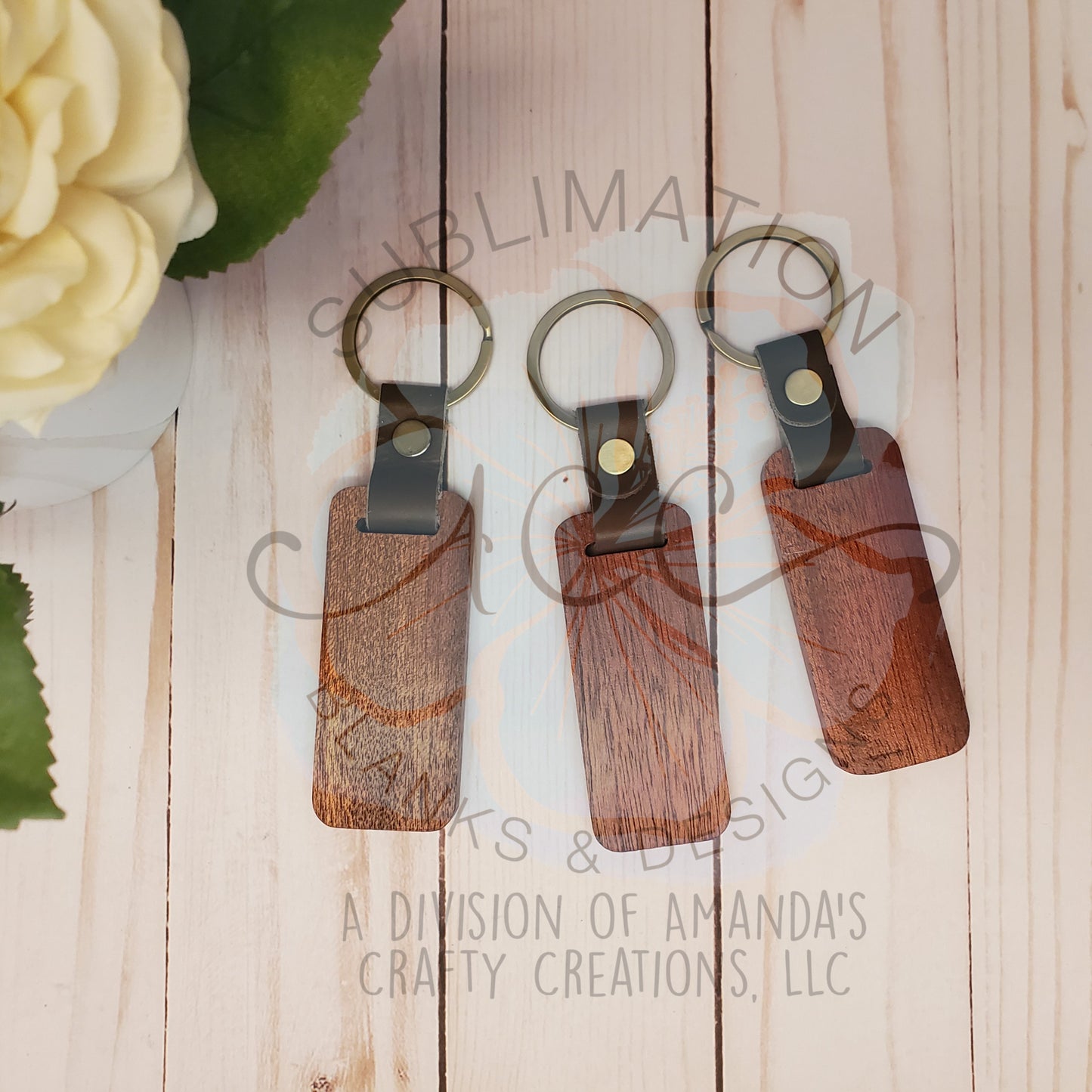 Wood keychain with key ring and leather, laser engraving wood keychain RTS
