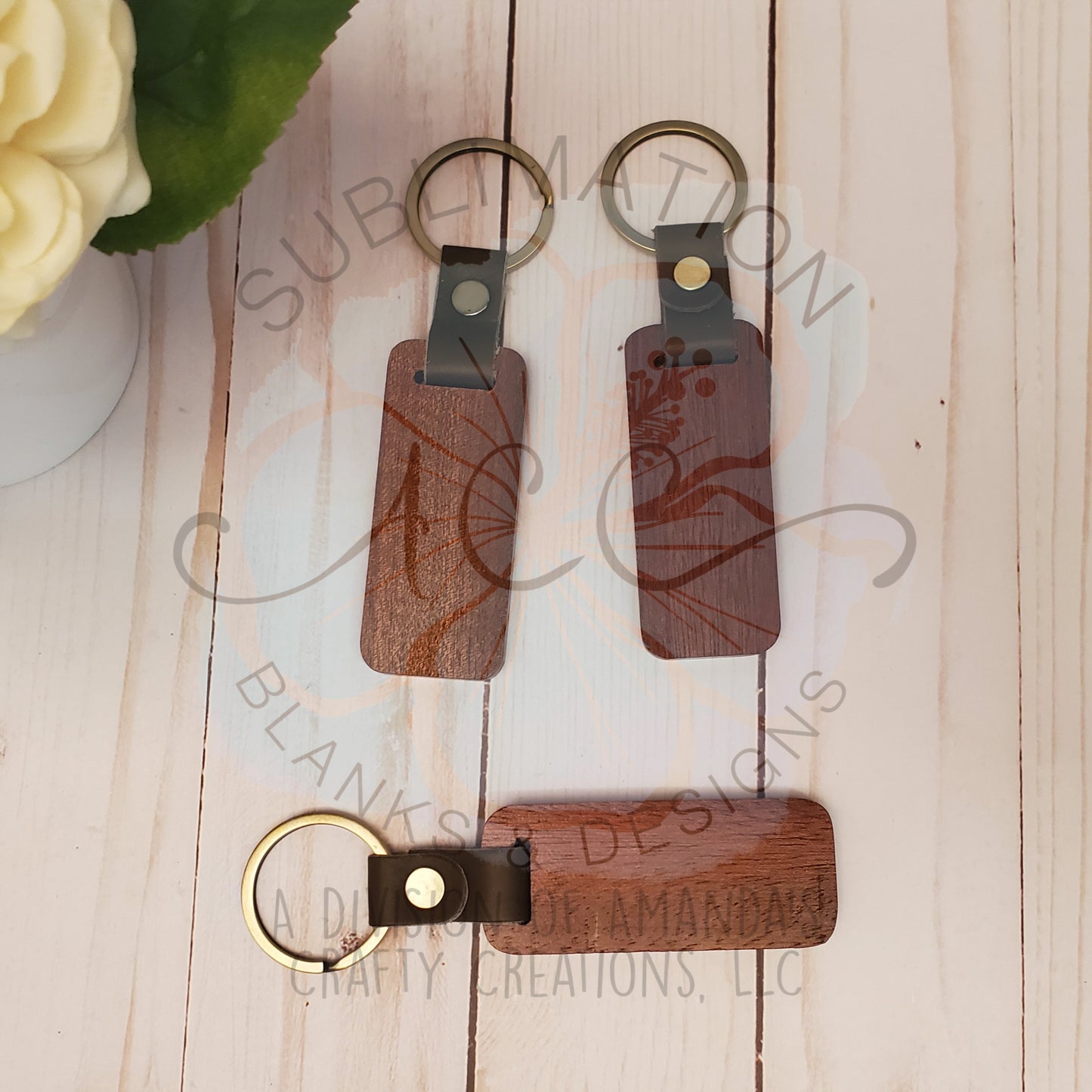 Wood keychain with key ring and leather, laser engraving wood keychain RTS