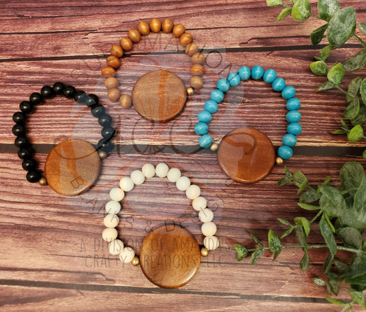 Wood bead bracelets with wood disc for engraving