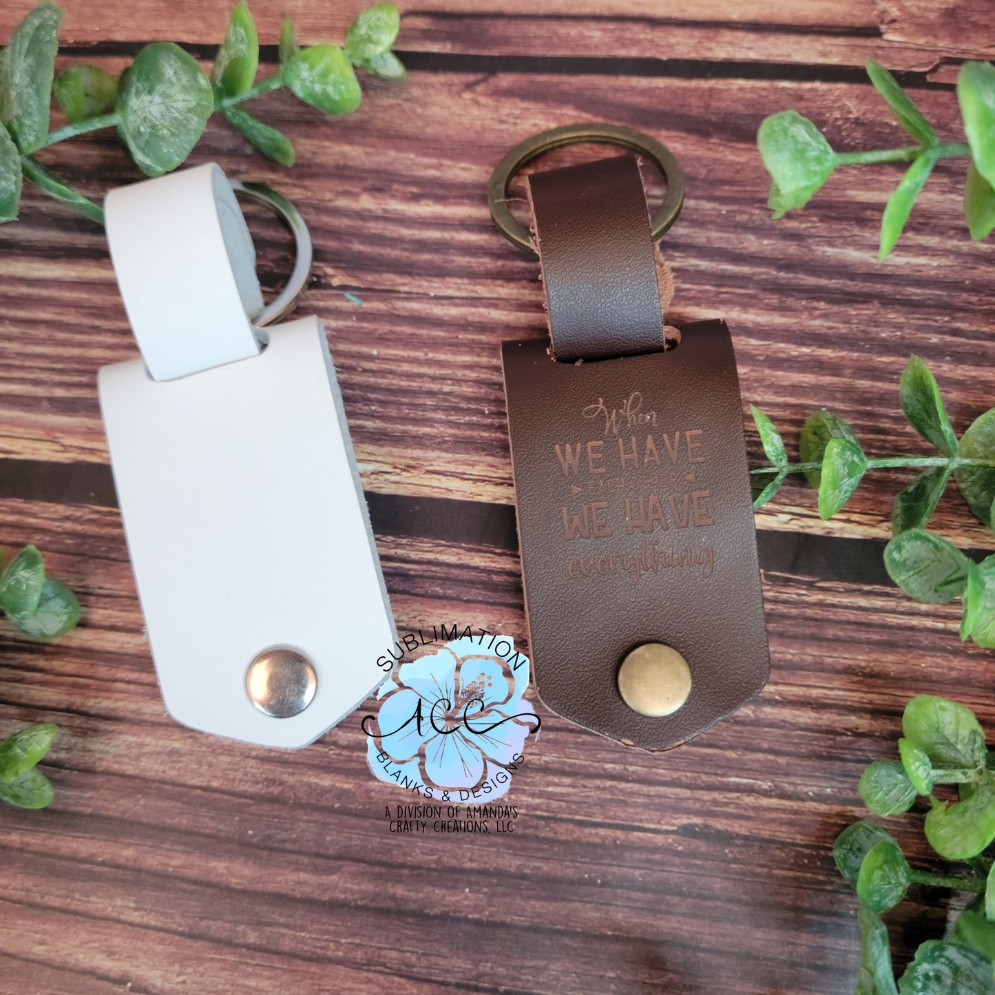 Genuine vegetable tanned leather keychain with double sided metal sublimation insert, sublimation blank, engraving blank