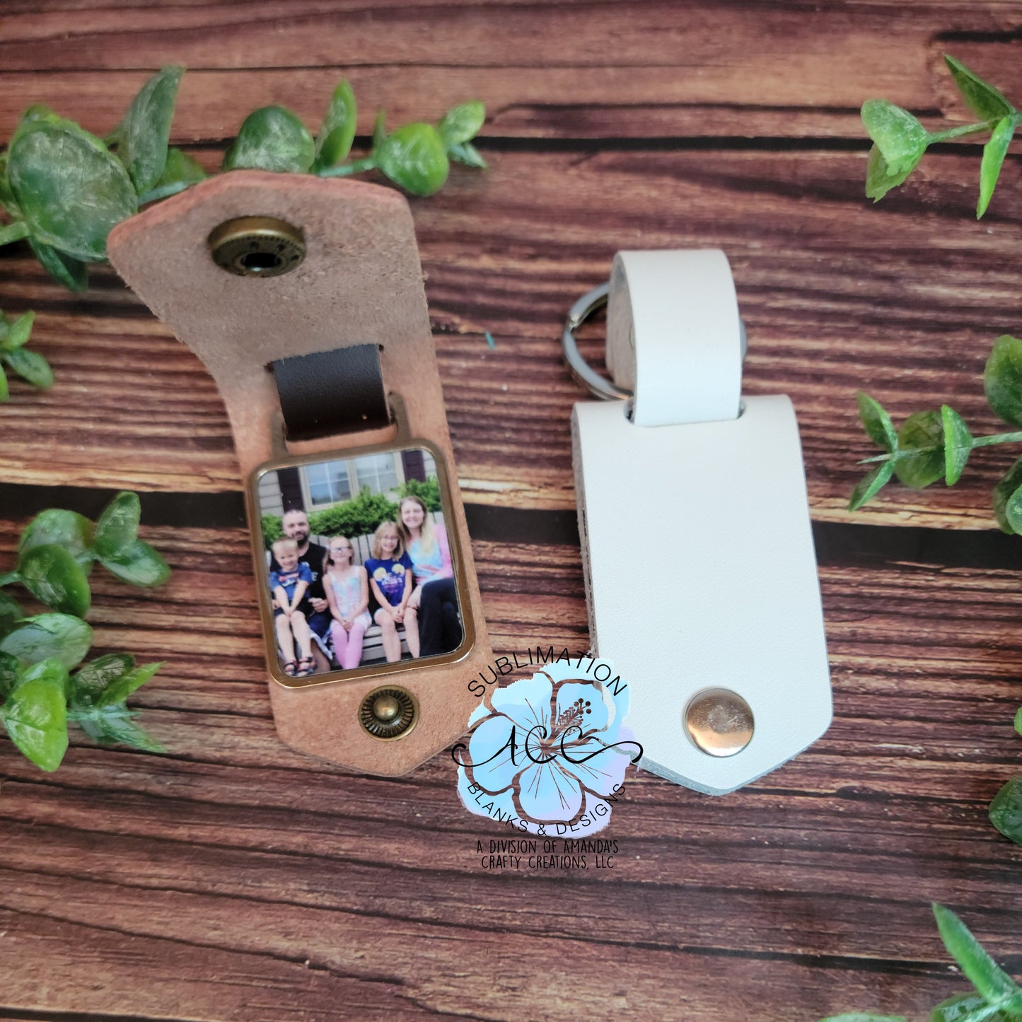 Genuine vegetable tanned leather keychain with double sided metal sublimation insert, sublimation blank, engraving blank
