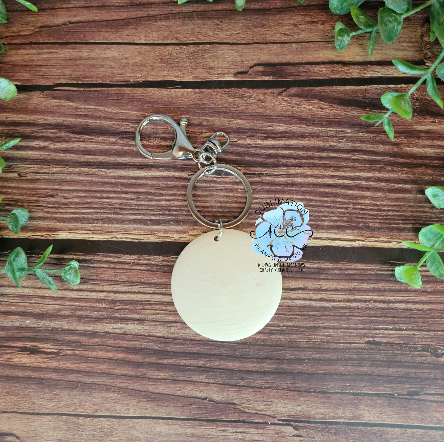 Light wood disc keychain with silver ring and clasp, laser engraving wood disc keychain RTS
