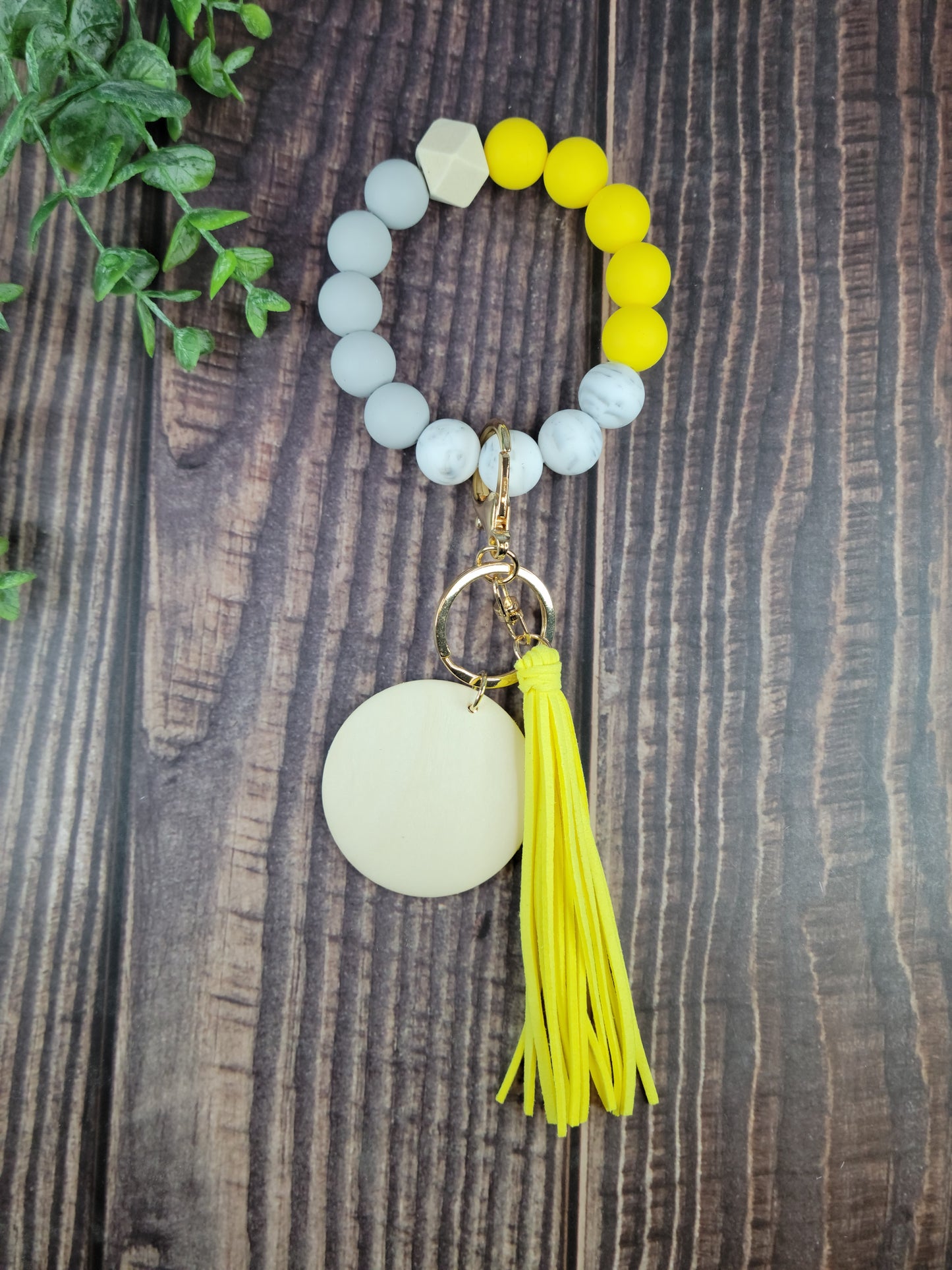 Silicone bead keychain bracelets with 2" light wood disc and tassel, engraving blanks
