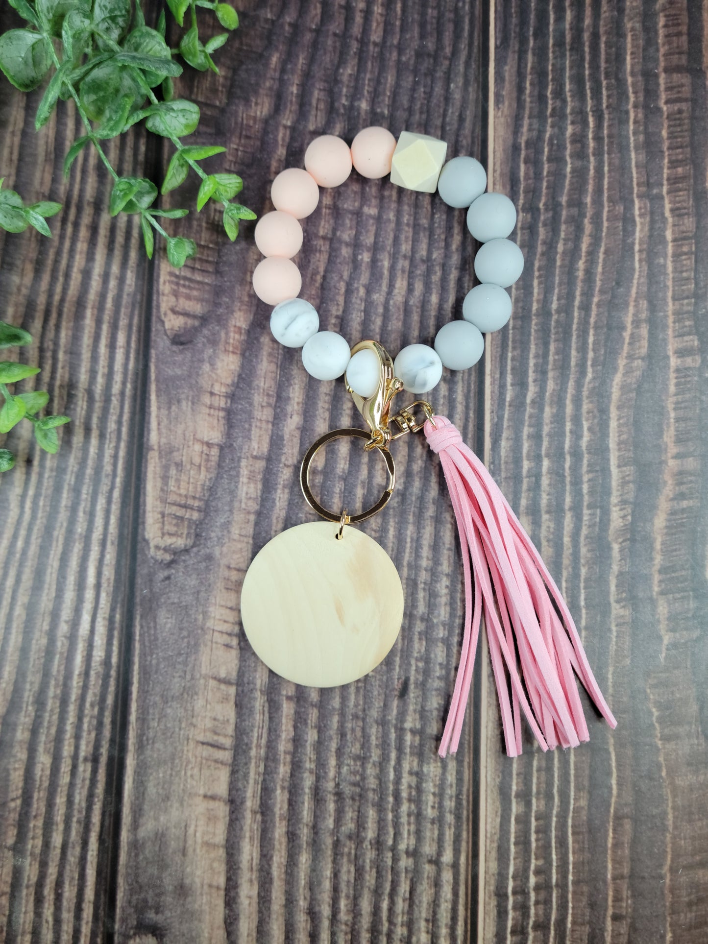 Silicone bead keychain bracelets with 2" light wood disc and tassel, engraving blanks