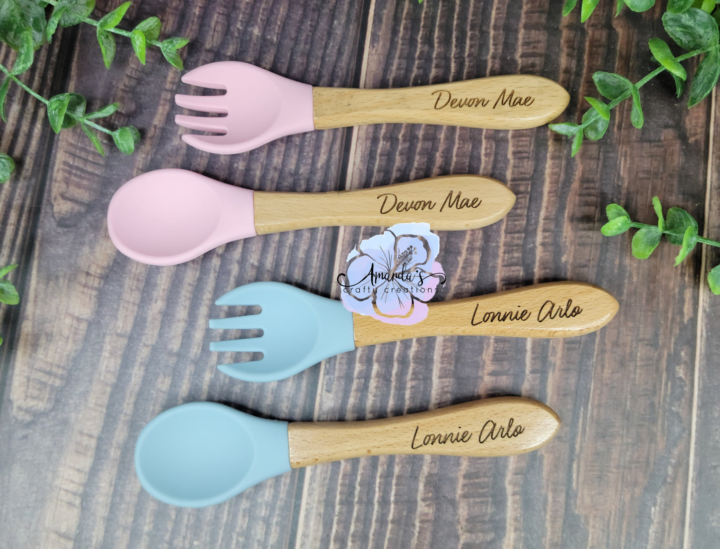 Fork & Spoon set, Silicone and wood handle silverware set, spoon and fork set, silverware for engraving, engraving blanks