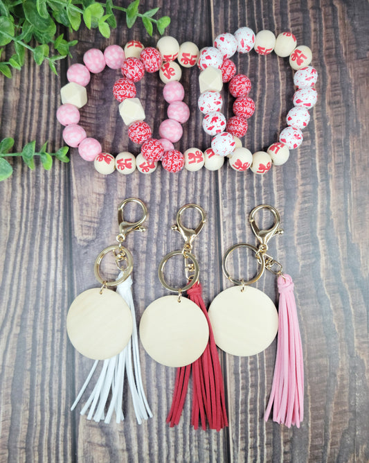 "Love" pink, white, or red wood bead keychain bracelets, hearts, cupid, valentine's day, love, wristlets, bracelets, wood beads