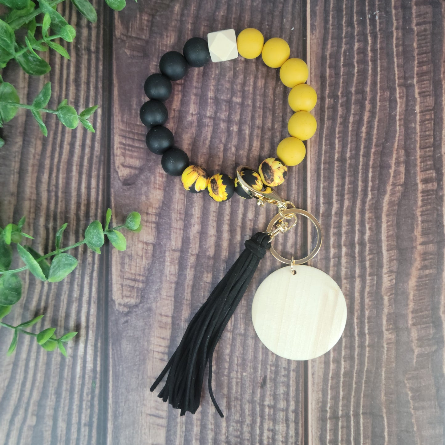 Sunflower Silicone bead keychain bracelets with 2" light wood disc and tassel, engraving blanks