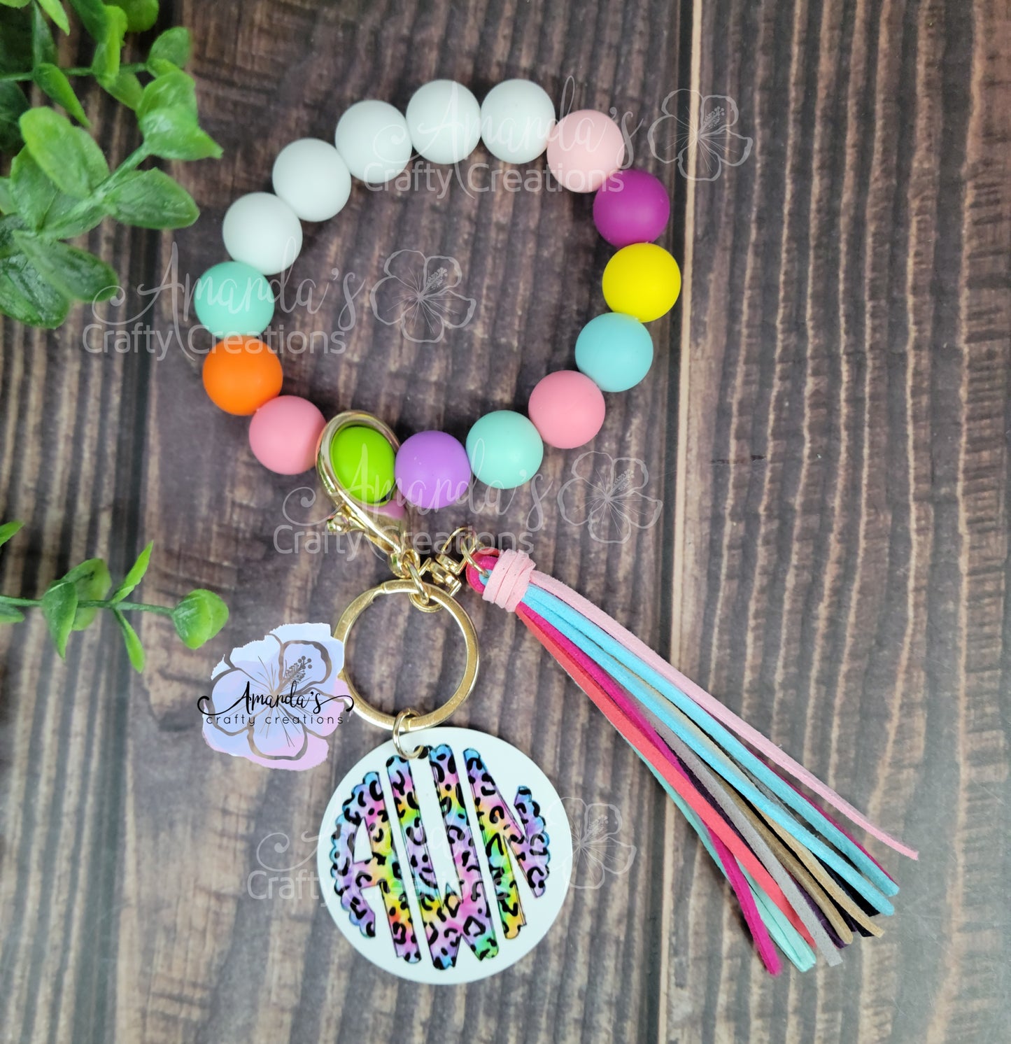 Silicone bead keychain bracelet, rainbow wristlet, laser engraving blank, silicone bead wristlet, wood disc for engraving