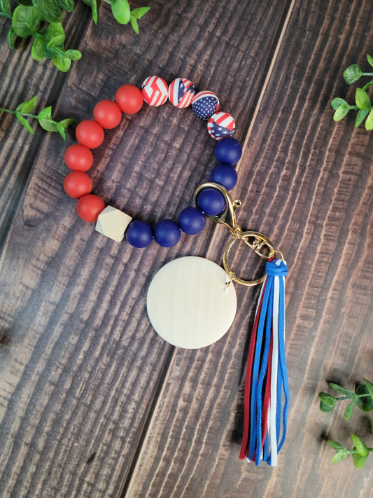 USA Flag Red White & Blue Silicone bead keychain bracelet, Flag wristlet, laser engraving blank, silicone bead wristlet, wood disc for engraving