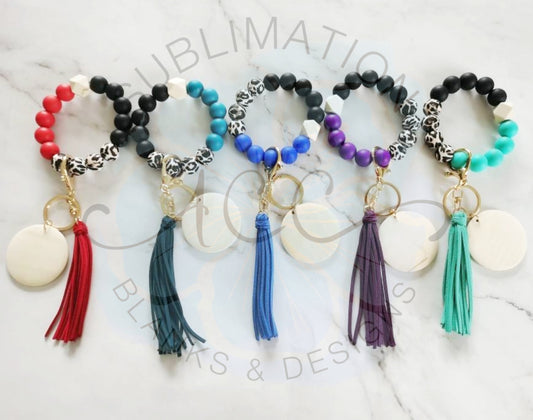 Silicone Leopard bead keychain bracelets with 2" light wood disc and tassel, engraving blanks RTS