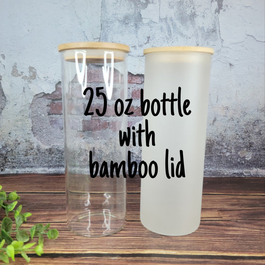 25oz Sublimation Ready Glass tumblers with Bamboo Lid & plastic straw, Clear or Frosted, sublimation blank glass bottle tumblers