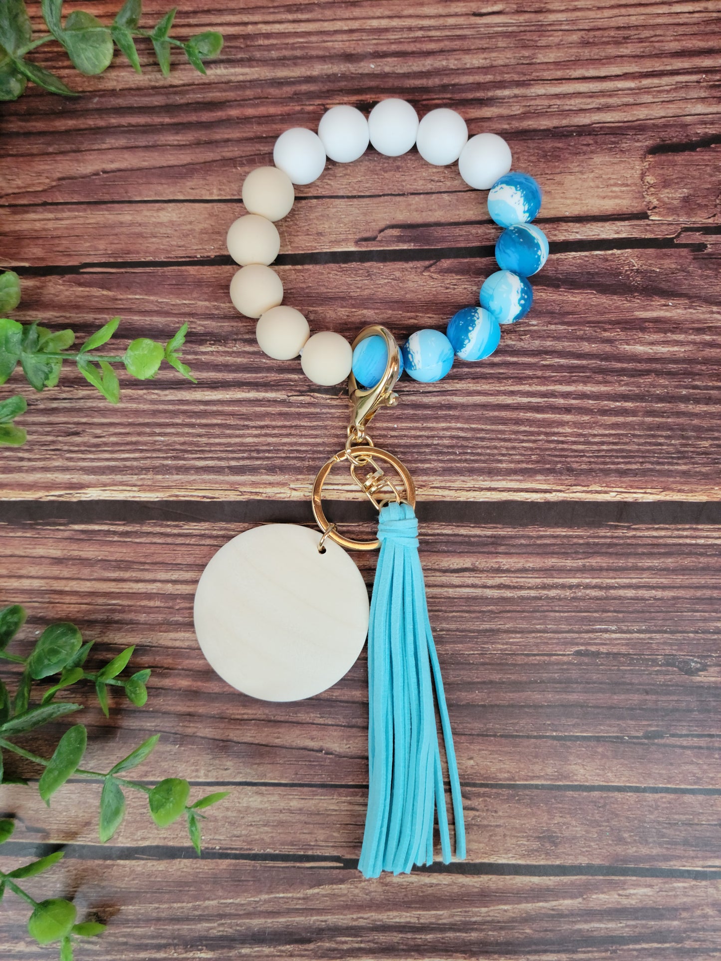 Beach wave blue, white, and beige Silicone bead keychain bracelet, beachy wristlet, laser engraving blank, silicone bead wristlet, wood disc for engraving