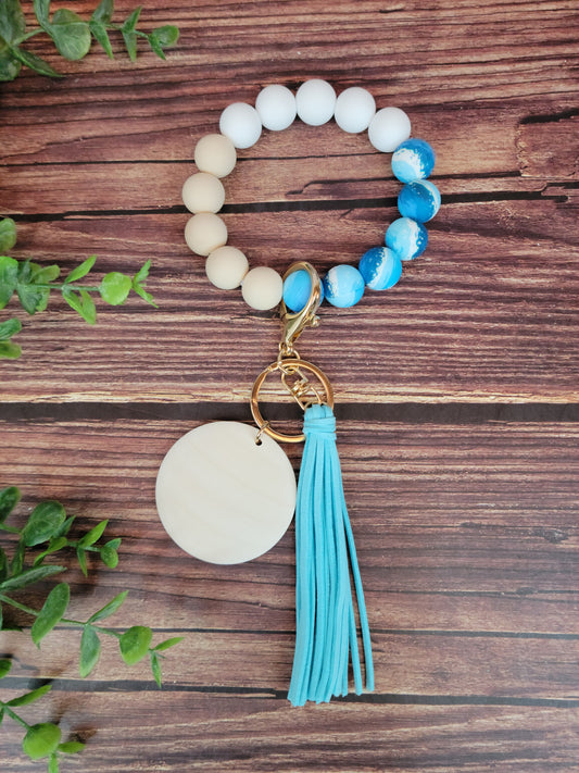 Beach wave blue, white, and beige Silicone bead keychain bracelet, beachy wristlet, laser engraving blank, silicone bead wristlet, wood disc for engraving