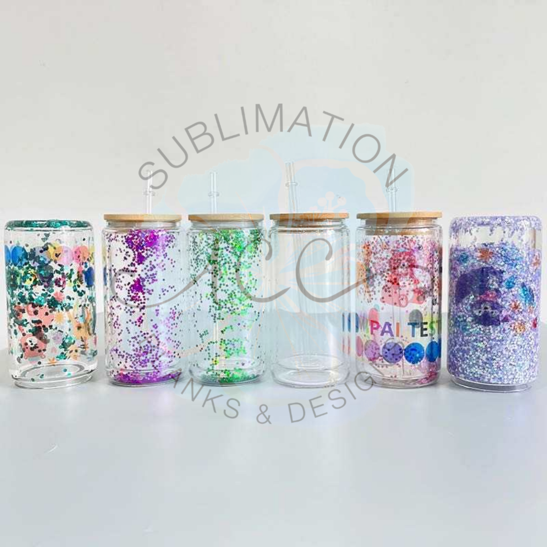 "Snow Globe" Sublimation Ready Glass Can tumblers with bamboo lid and plastic straw, Clear "Snow Globe" Glass Can Cups, sublimation blank glass can cups RTS
