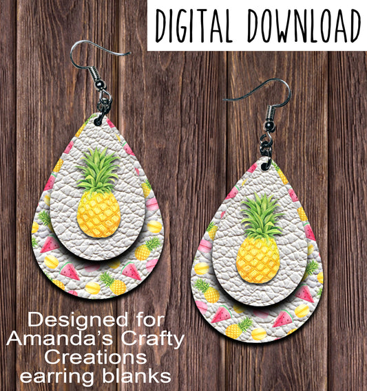 Pineapple Watermelon Teardrop Earring Sublimation Design, Hand drawn Teardrop Sublimation earring design, digital download, JPG, PNG