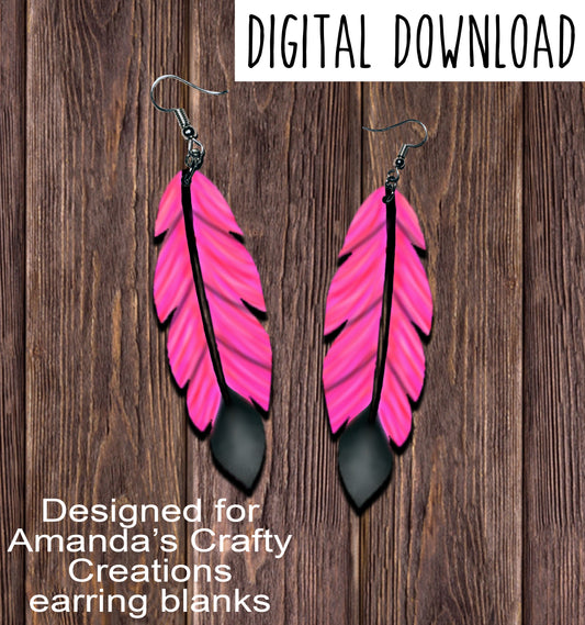 Pink Red Black 2 Feather Earring Sublimation Design, Hand drawn Feather Sublimation earring design, digital download, JPG, PNG