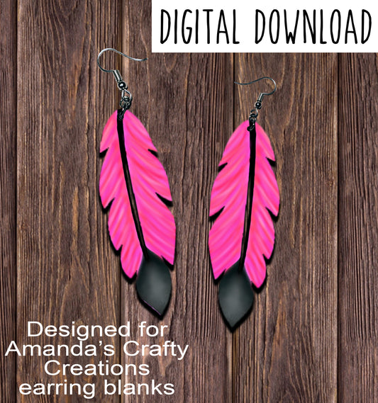 Pink Red Black Feather Earring Sublimation Design, Hand drawn Feather Sublimation earring design, digital download, JPG, PNG