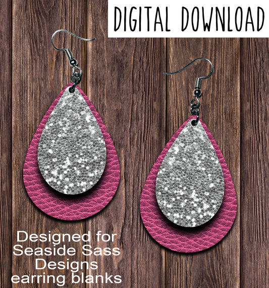 Pink Silver Teardrop Earring Sublimation Design, Hand drawn Teardrop Sublimation earring design, digital download, JPG, PNG