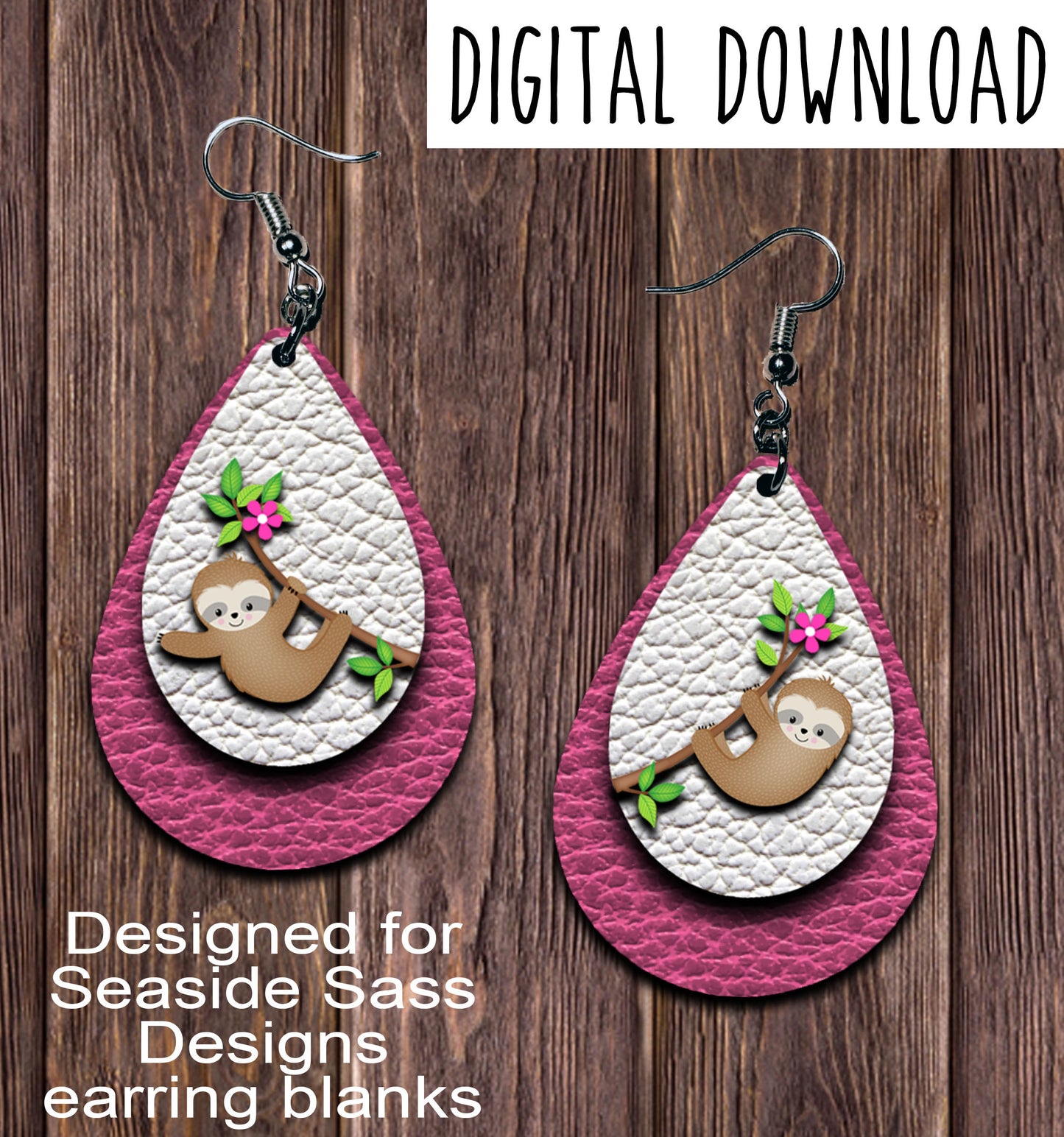 Pink Sloth Teardrop Earring Sublimation Design, Hand drawn Teardrop Sublimation earring design, digital download, JPG, PNG