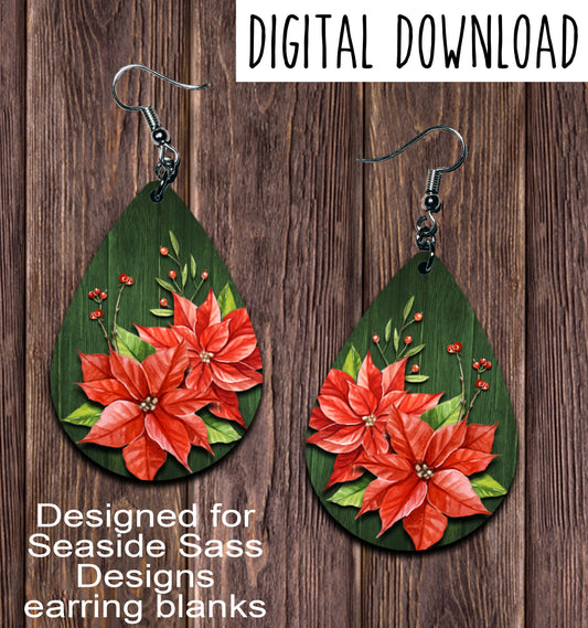 Green Wood Poinsettia Teardrop Earring Sublimation Design, Hand drawn Teardrop Sublimation earring design, digital download, JPG, PNG