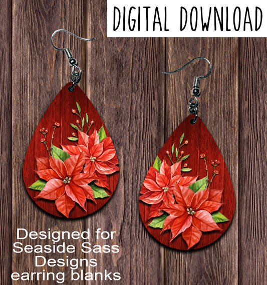 Red Wood Poinsettia 2 Teardrop Earring Sublimation Design, Hand drawn Teardrop Sublimation earring design, digital download, JPG, PNG