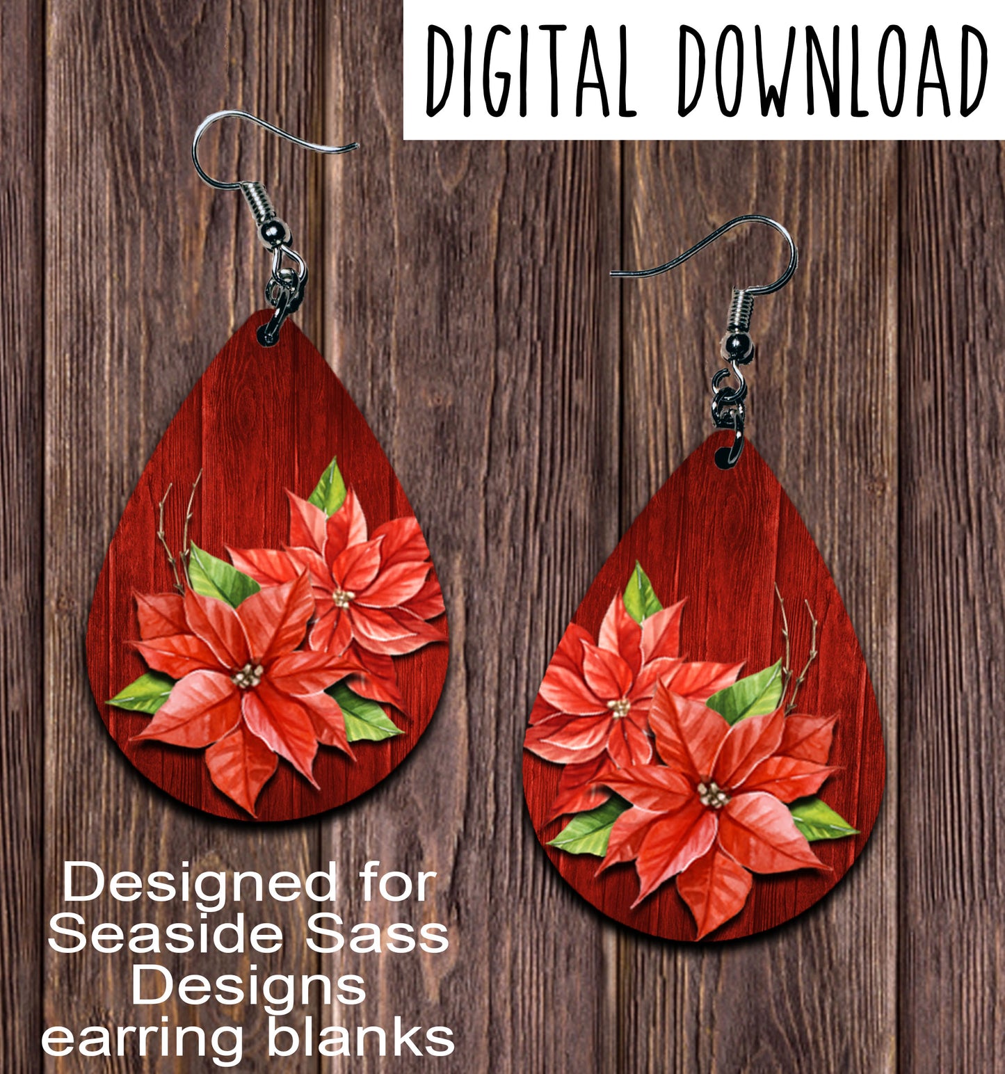 Red Wood Poinsettia Teardrop Earring Sublimation Design, Hand drawn Teardrop Sublimation earring design, digital download, JPG, PNG