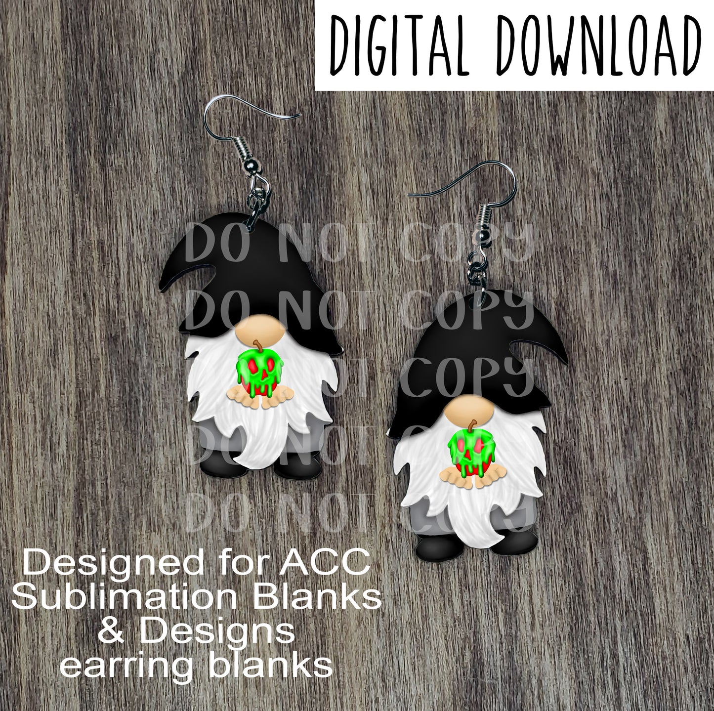 Poisoned Apple Gnome with Black Hat Earring Sublimation Design, Hand drawn Gnome Sublimation earring design, digital download, JPG, PNG