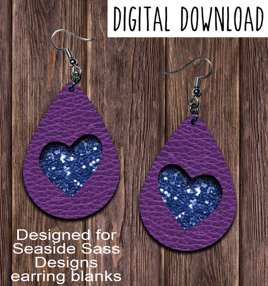 Purple Blue Glitter Heart Cut Out Teardrop Earring Sublimation Design, Hand drawn Teardrop Sublimation earring design, digital download, JPG, PNG