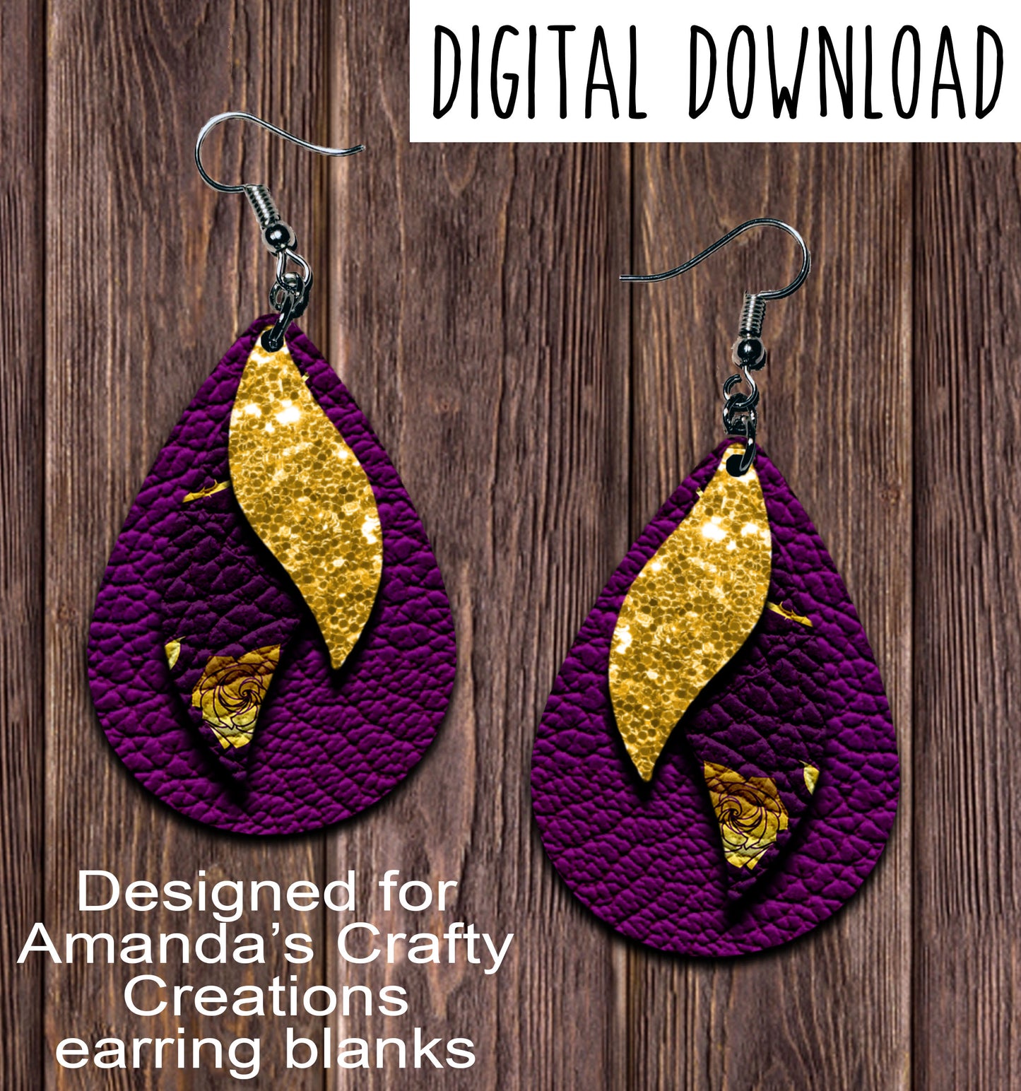 Purple Gold Floral Teardrop Earring Sublimation Design, Hand drawn Teardrop Sublimation earring design, digital download, JPG, PNG