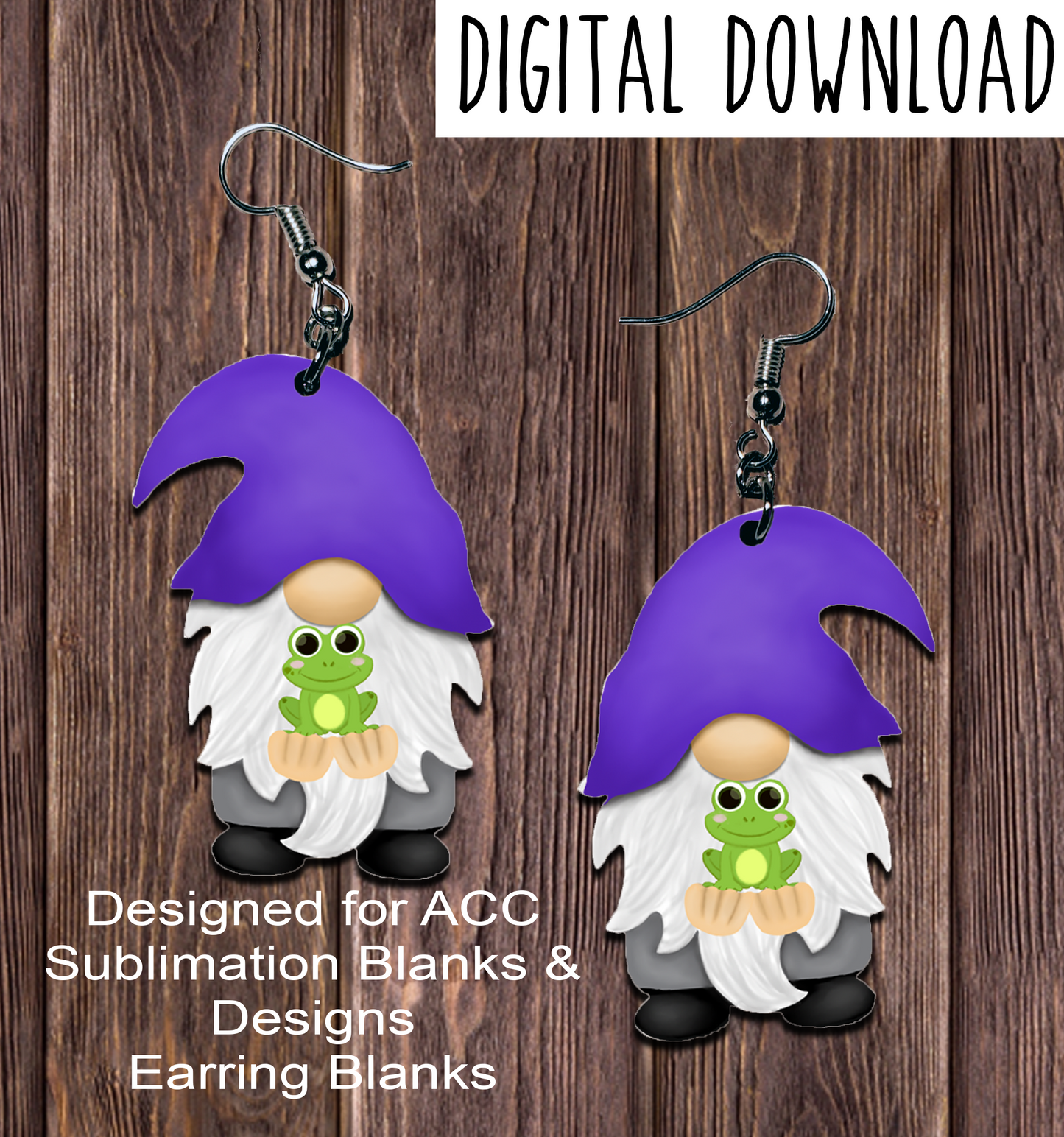 Purple Hat Frog Gnome Earring Sublimation Design, Hand drawn Gnome Sublimation earring design, digital download, JPG, PNG