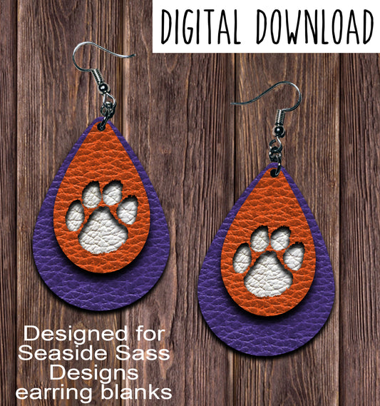 Purple Orange Paw Print Cut Out Teardrop Earring Sublimation Design, Hand drawn Teardrop Sublimation earring design, digital download, JPG, PNG