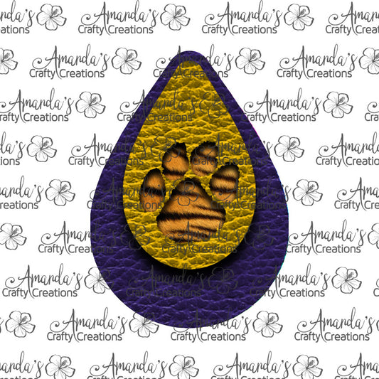 Purple Yellow Tiger Paw Print Cut Out Teardrop Earring Sublimation Design, Hand drawn Teardrop Sublimation earring design, digital download, JPG, PNG