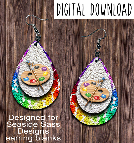 Rainbow Paint Palette Teardrop Earring Sublimation Design, Hand drawn Teardrop Sublimation earring design, digital download, JPG, PNG