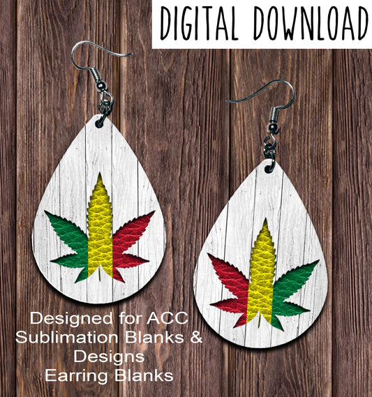 Rasta Marijuana Leaf Wood Teardrop Earring Sublimation Design, Hand drawn Teardrop Sublimation earring design, digital download, JPG, PNG