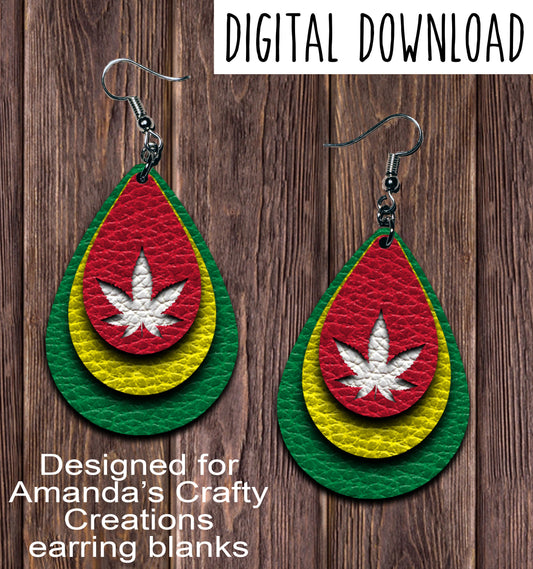 Rasta White Marijuana Teardrop Earring Sublimation Design, Hand drawn Teardrop Sublimation earring design, digital download, JPG, PNG