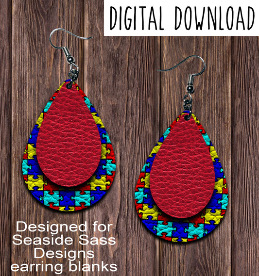 Red Autism Puzzle Teardrop Earring Sublimation Design, Hand drawn Teardrop Sublimation earring design, digital download, JPG, PNG