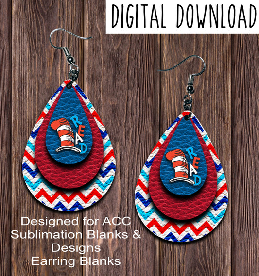 Red Blue READ Chevron Teardrop Earring Sublimation Design, Hand drawn Teardrop Sublimation earring design, digital download, JPG, PNG