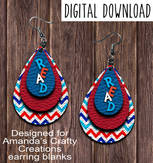 Red Blue Chevron READ Teardrop Earring Sublimation Design, Hand drawn Teardrop Sublimation earring design, digital download, JPG, PNG