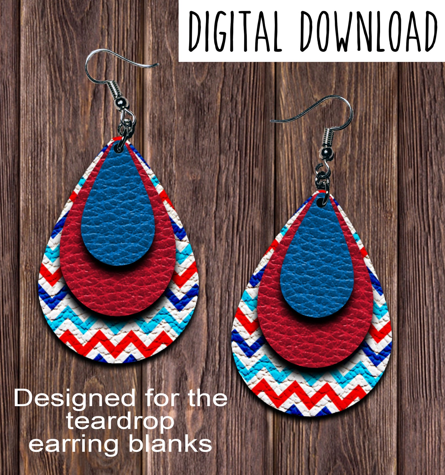 Red Blue Chevron Teardrop Earring Sublimation Design, Hand drawn Teardrop Sublimation earring design, digital download, JPG, PNG