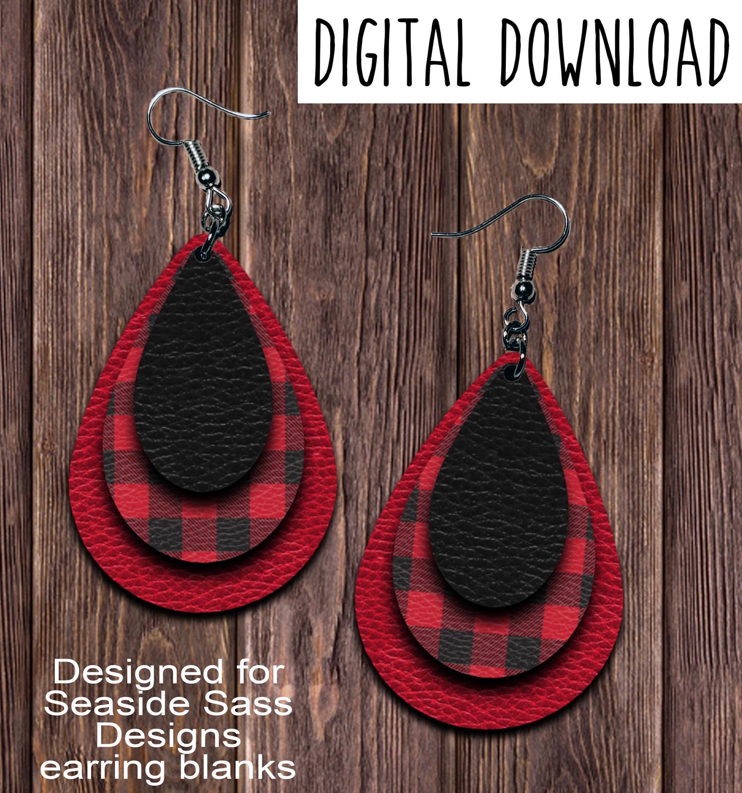 Red Buffalo Plaid Teardrop Earring Sublimation Design, Hand drawn Teardrop Sublimation earring design, digital download, JPG, PNG
