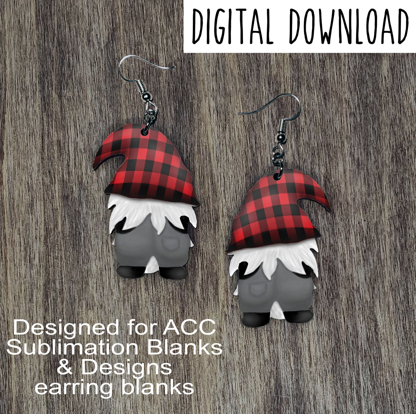 Red Buffalo Plaid Gnome Back Sublimation Design, Hand drawn Gnome Sublimation earring design, digital download, JPG, PNG