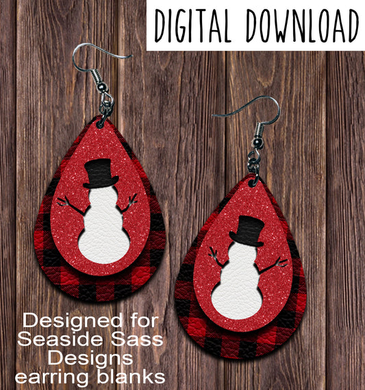 Red Buffalo Plaid Snowman Teardrop Earring Sublimation Design, Hand drawn Teardrop Sublimation earring design, digital download, JPG, PNG