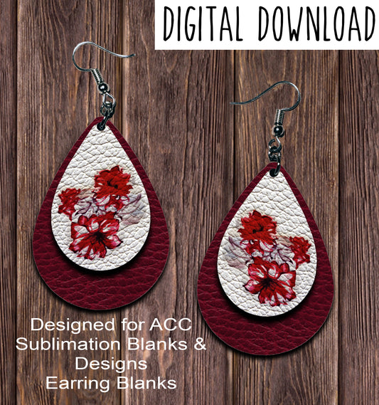 Red Flower Teardrop Earring Sublimation Design, Hand drawn Teardrop Sublimation earring design, digital download, JPG, PNG