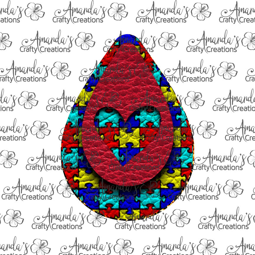 Red Heart Cutout Autism Puzzle Teardrop Earring Sublimation Design, Hand drawn Teardrop Sublimation earring design, digital download, JPG, PNG