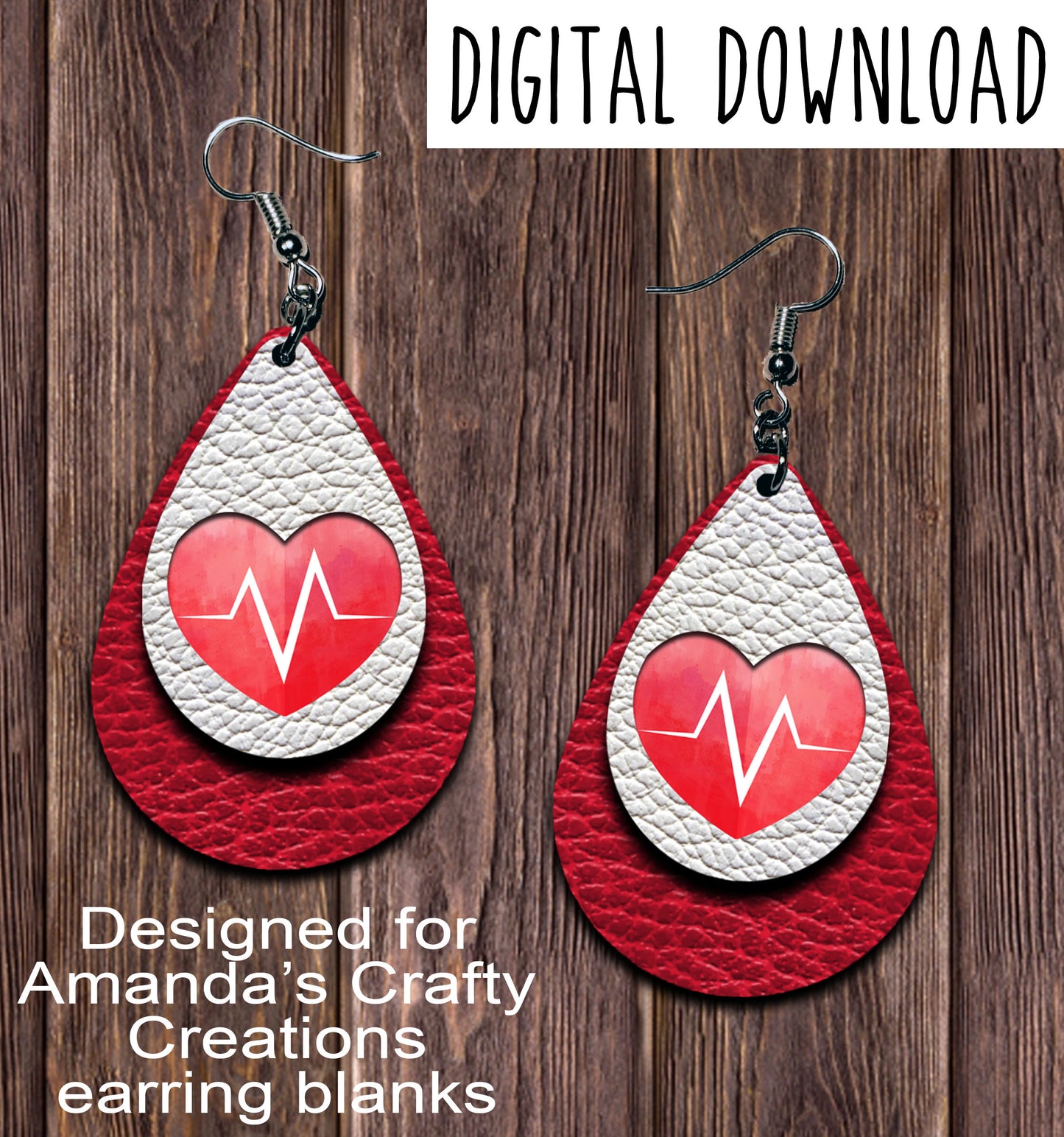 Red Heart Cutout EKG Teardrop Earring Sublimation Design, Hand drawn Teardrop Sublimation earring design, digital download, JPG, PNG