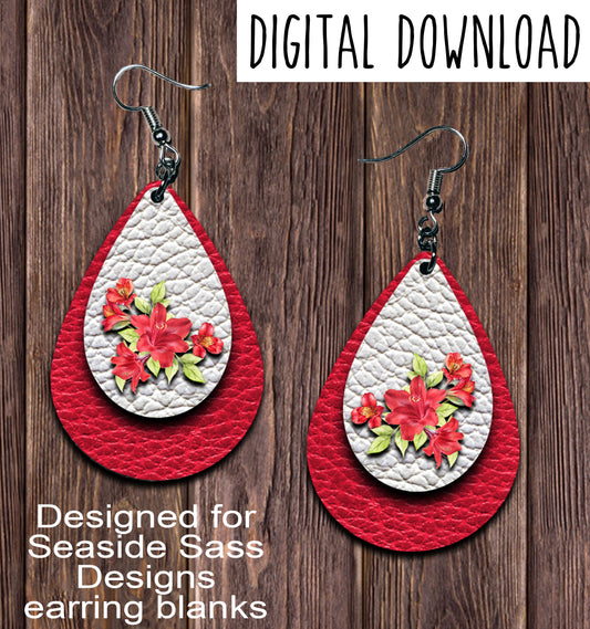 Red Lilies Teardrop Earring Sublimation Design, Hand drawn Teardrop Sublimation earring design, digital download, JPG, PNG